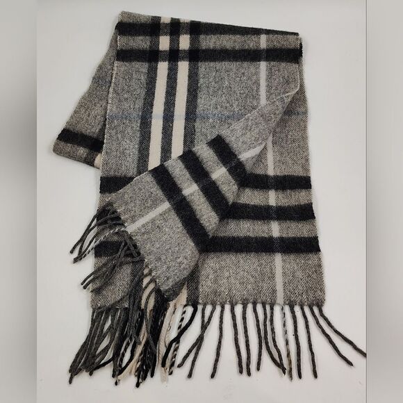 Lambswool Scarf Other - Classic Gray Plaid Men's Wool Knit Fringe Scarf
